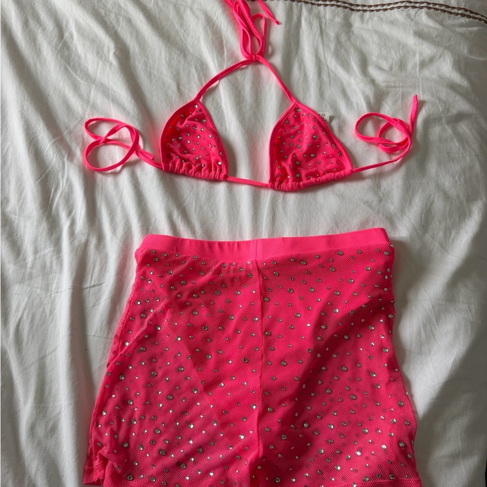 Women's Hot Pink Rhinestone Bikini Top & Short Set